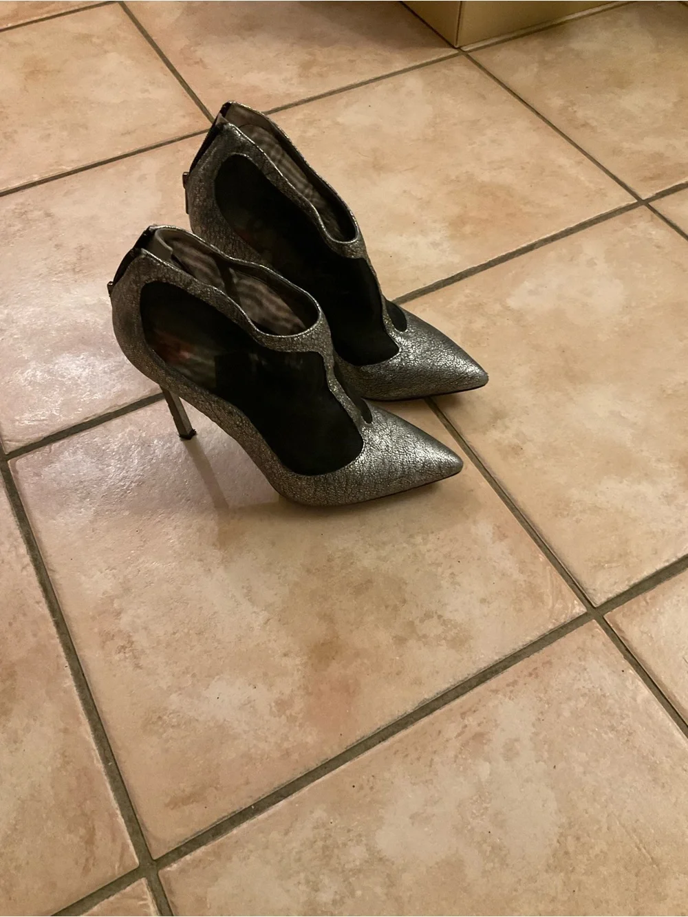 Sam Edelman Silver Glitter Pointed Toe Stiletto Booties with Black Mesh Insets